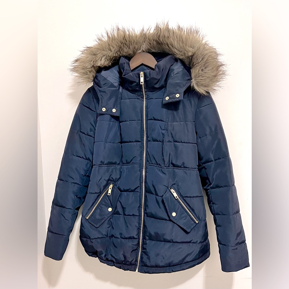 H&M MAMA Maternity Coat Jacket Fur-Trimmed Hooded